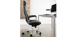 Side of Liven office chair with the Oseries table in silver leg finish.