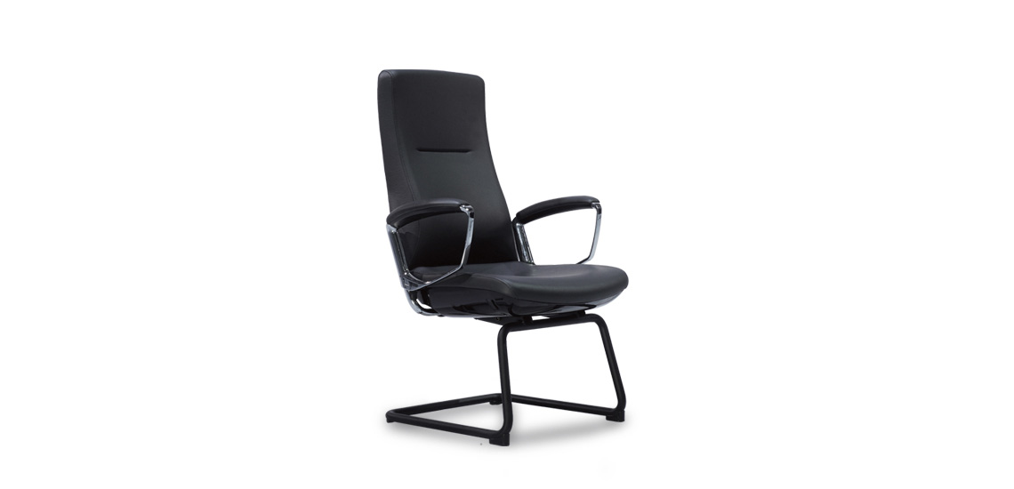 Medium back of Liven office chair in black leather. Black powder coated cantilever base.