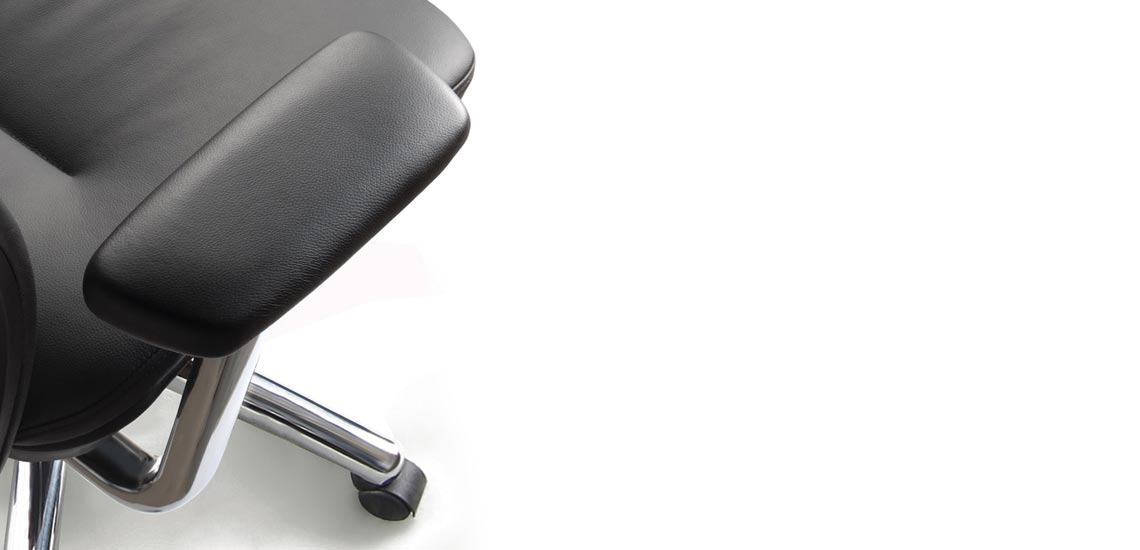 Close-up of the arm of a Soul office chair in black leather.