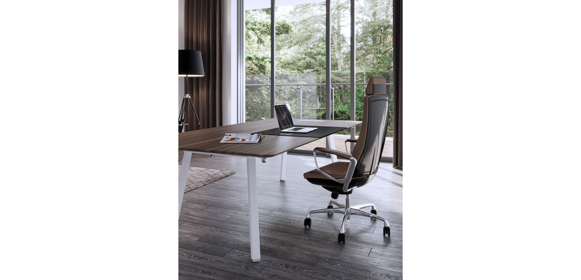 Brown leather Liven office chair with Klug table in white leg finish and woodgrain top.